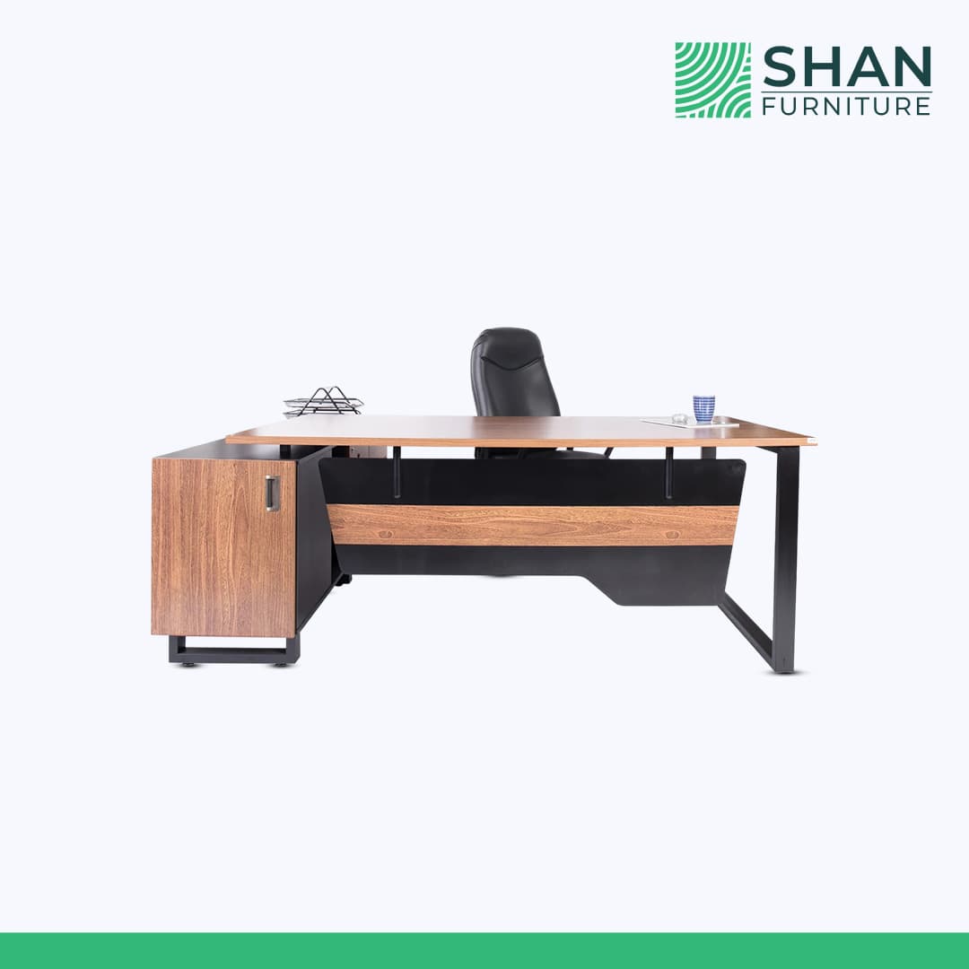 L-Shaped Walnut Desk with Black Panel Accent