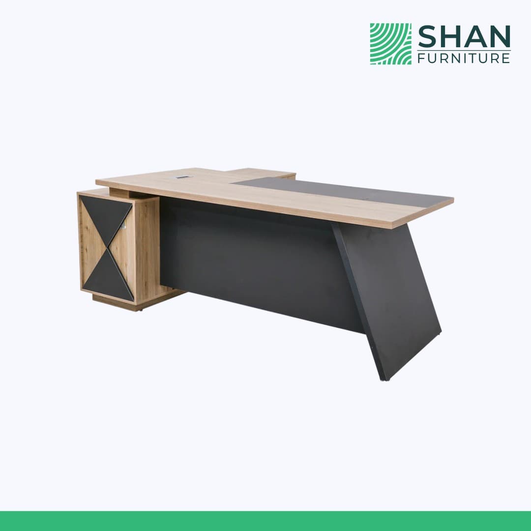 L-Shaped Oak Executive Desk with X-Pattern Cabinet