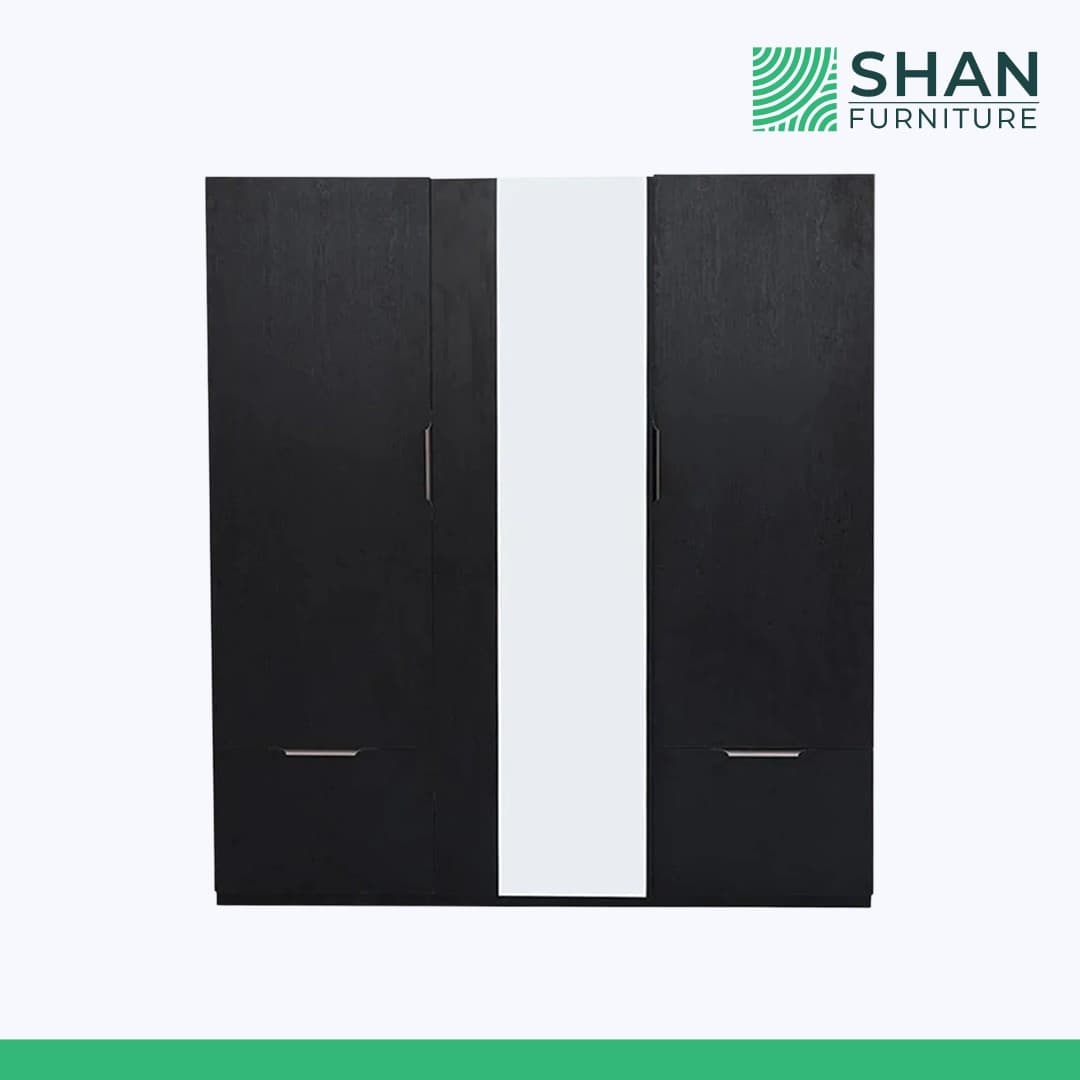 3-Door Black Wardrobe with Mirror Panel