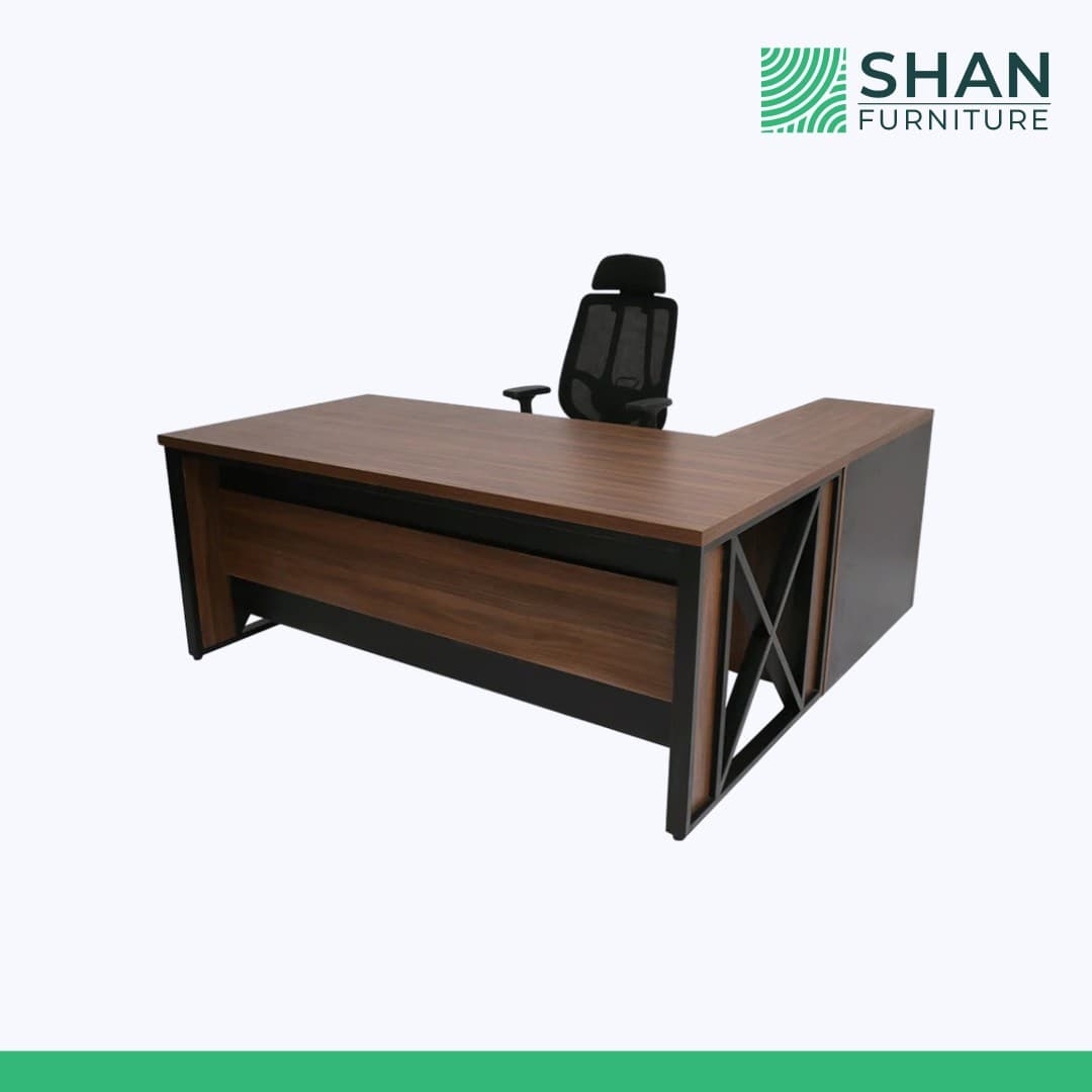 L-Shaped Walnut Executive Desk with X-Brace Accent