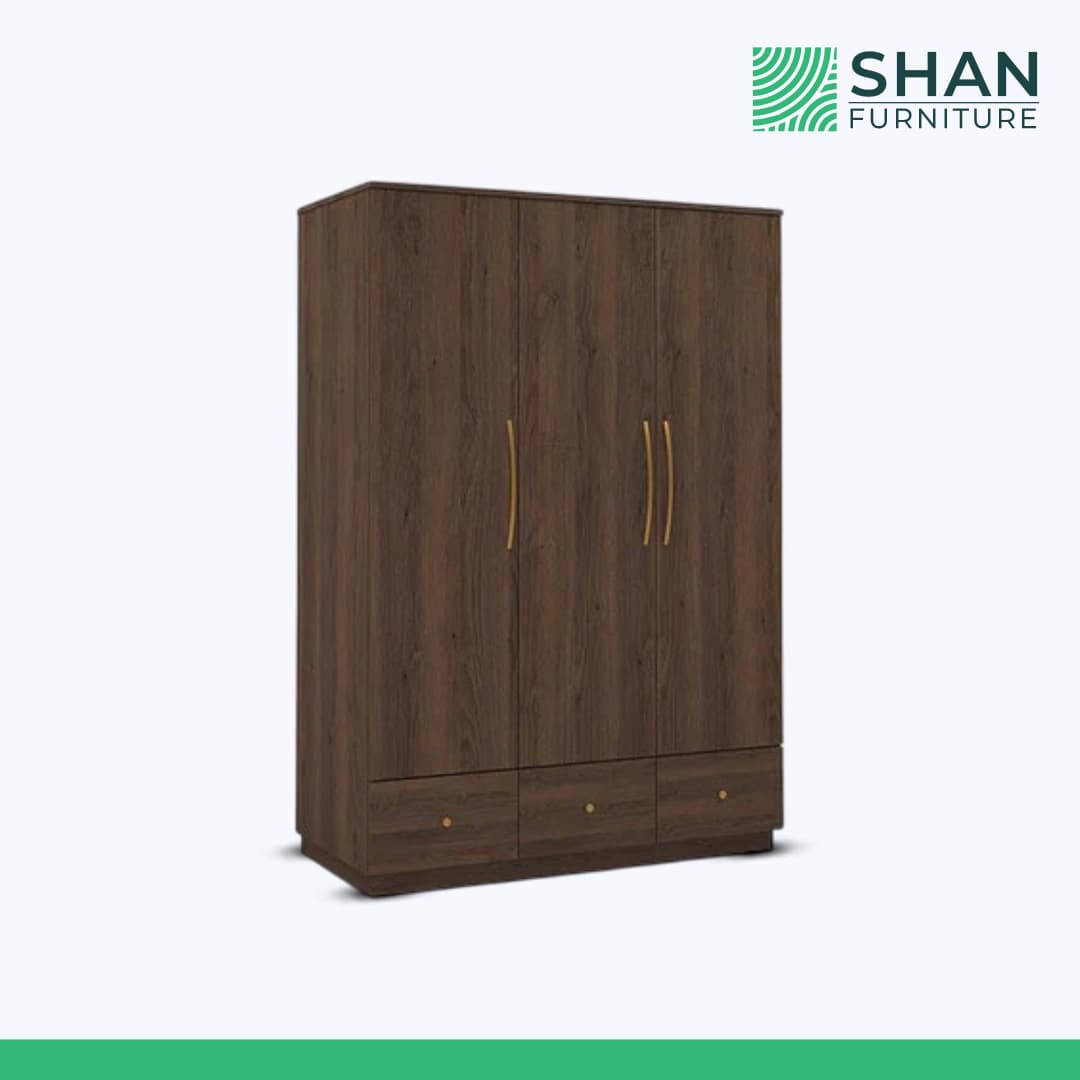 3-Door Walnut Wardrobe with Gold Handles