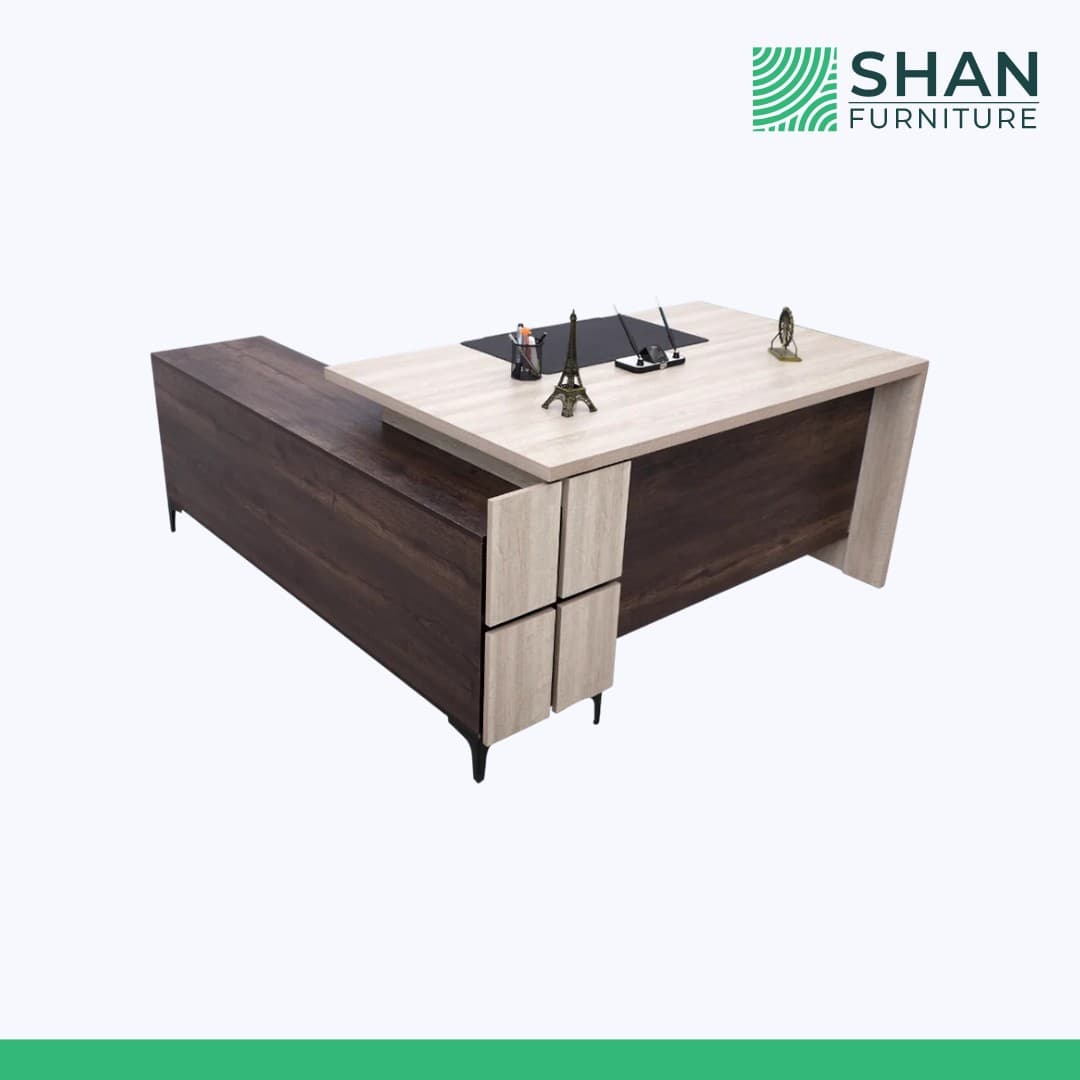 L-Shaped Walnut Desk with Oak Drawer Unit