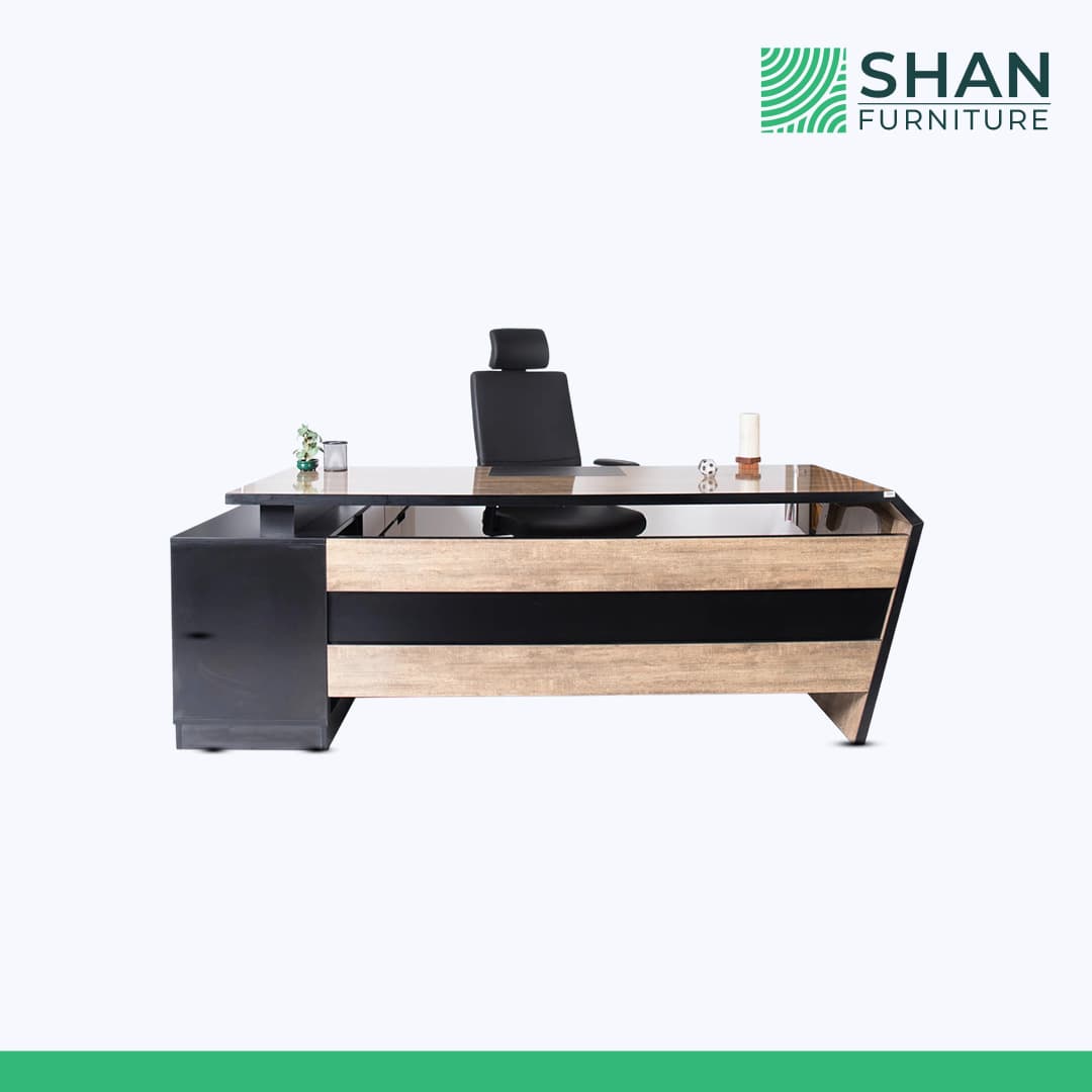 Glossy Oak Executive Desk with Black Accent Band