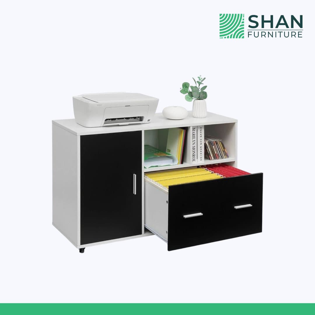 White and Black Printer Cabinet with File Drawer