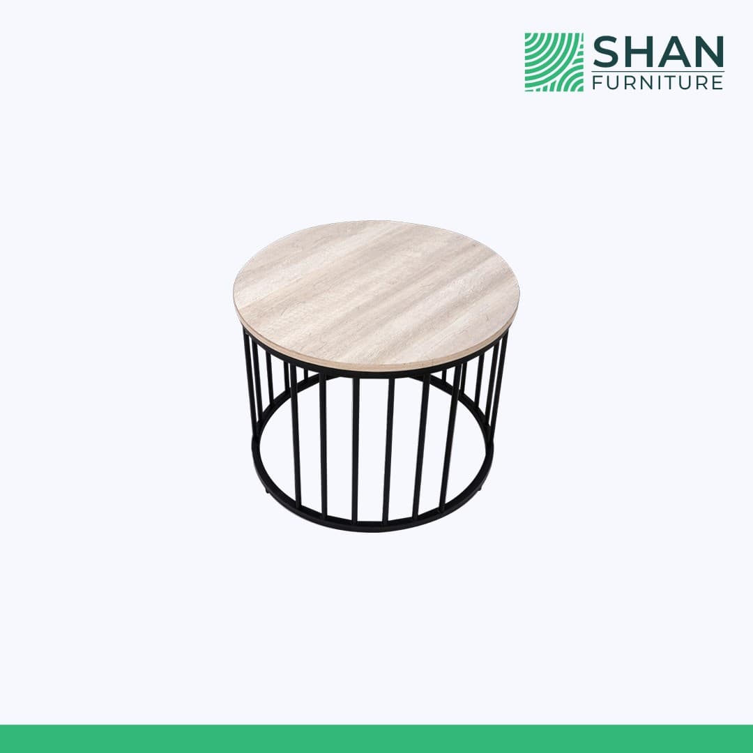 Travertine-Look Round Table with Black Cage Base