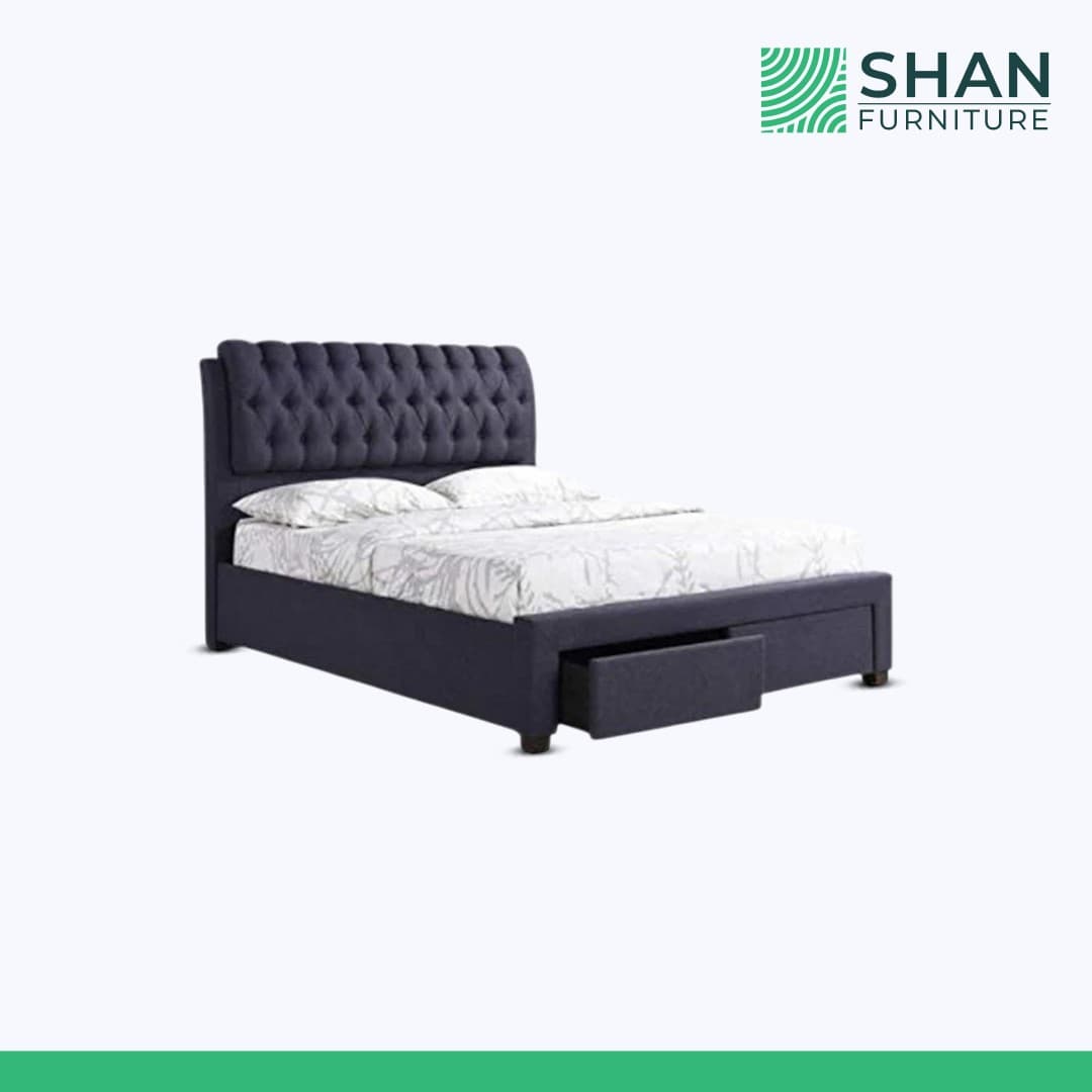 Charcoal Navy Rolled Tufted Storage Bed