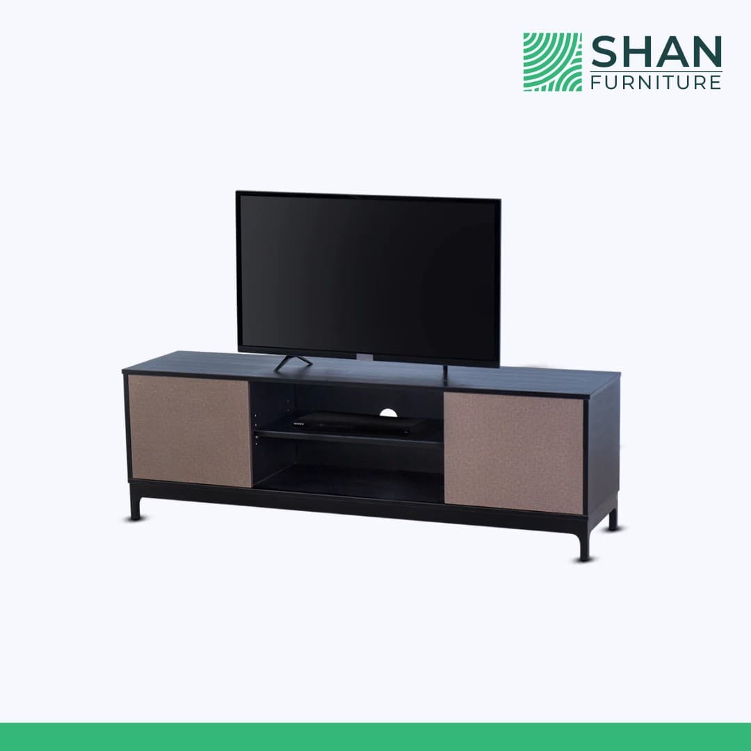 Black TV Console with Taupe Fabric Doors