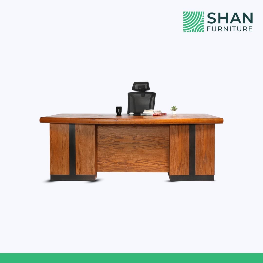 Solid Oak Executive Desk with Black Accents