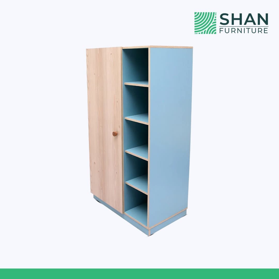 Kids Wardrobe with Blue Open Shelving