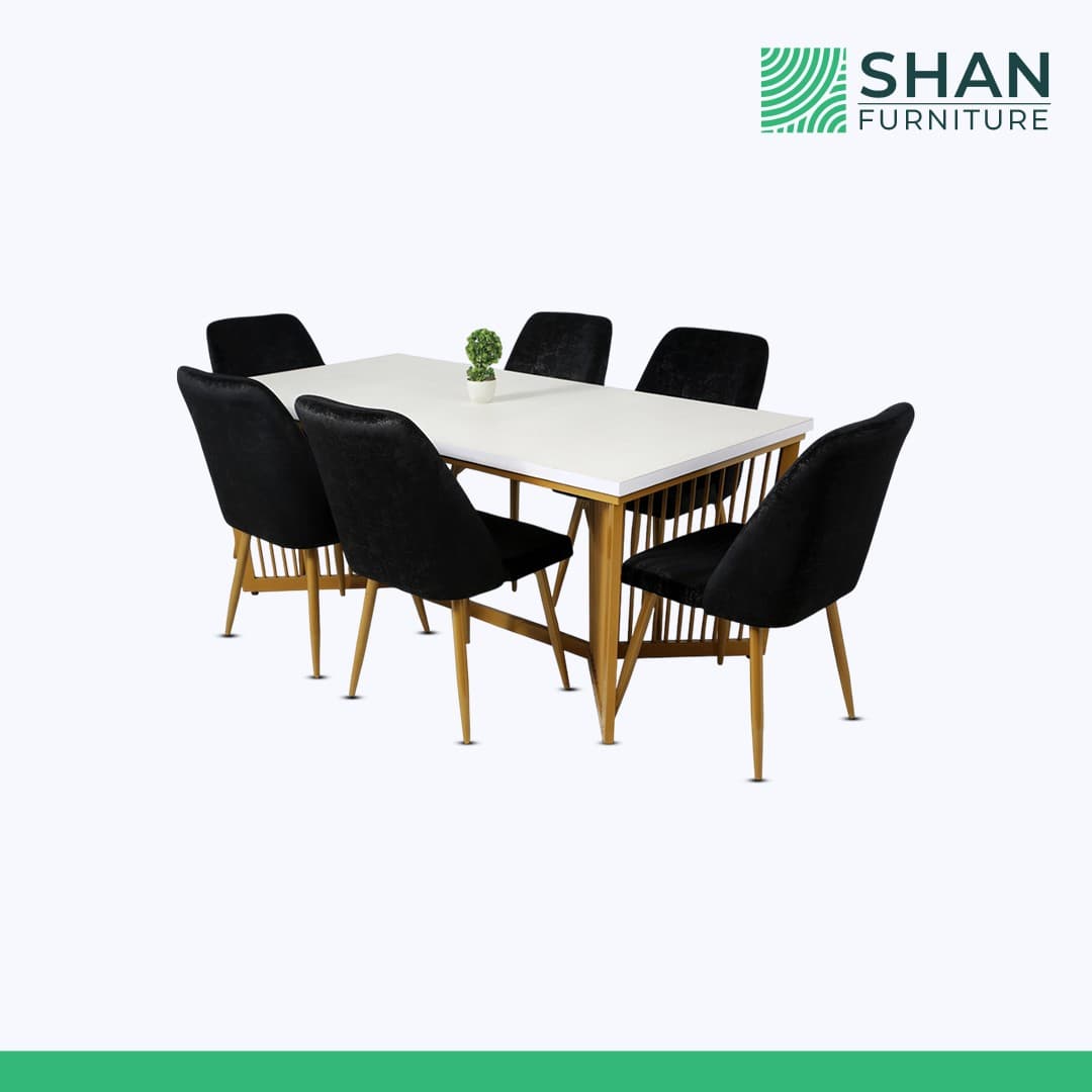 6-Seater White Dining Table with Gold Frame
