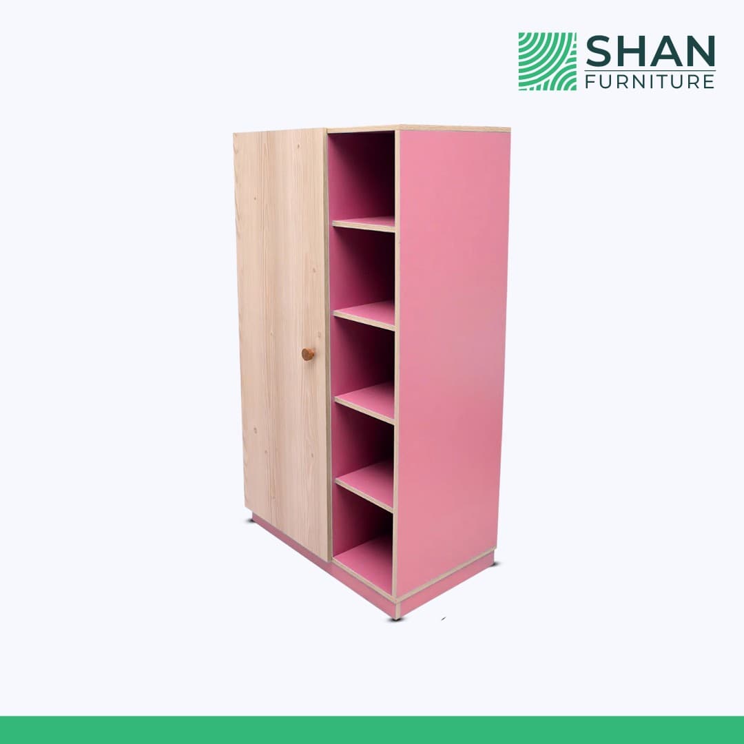 Kids Wardrobe with Pink Open Shelving