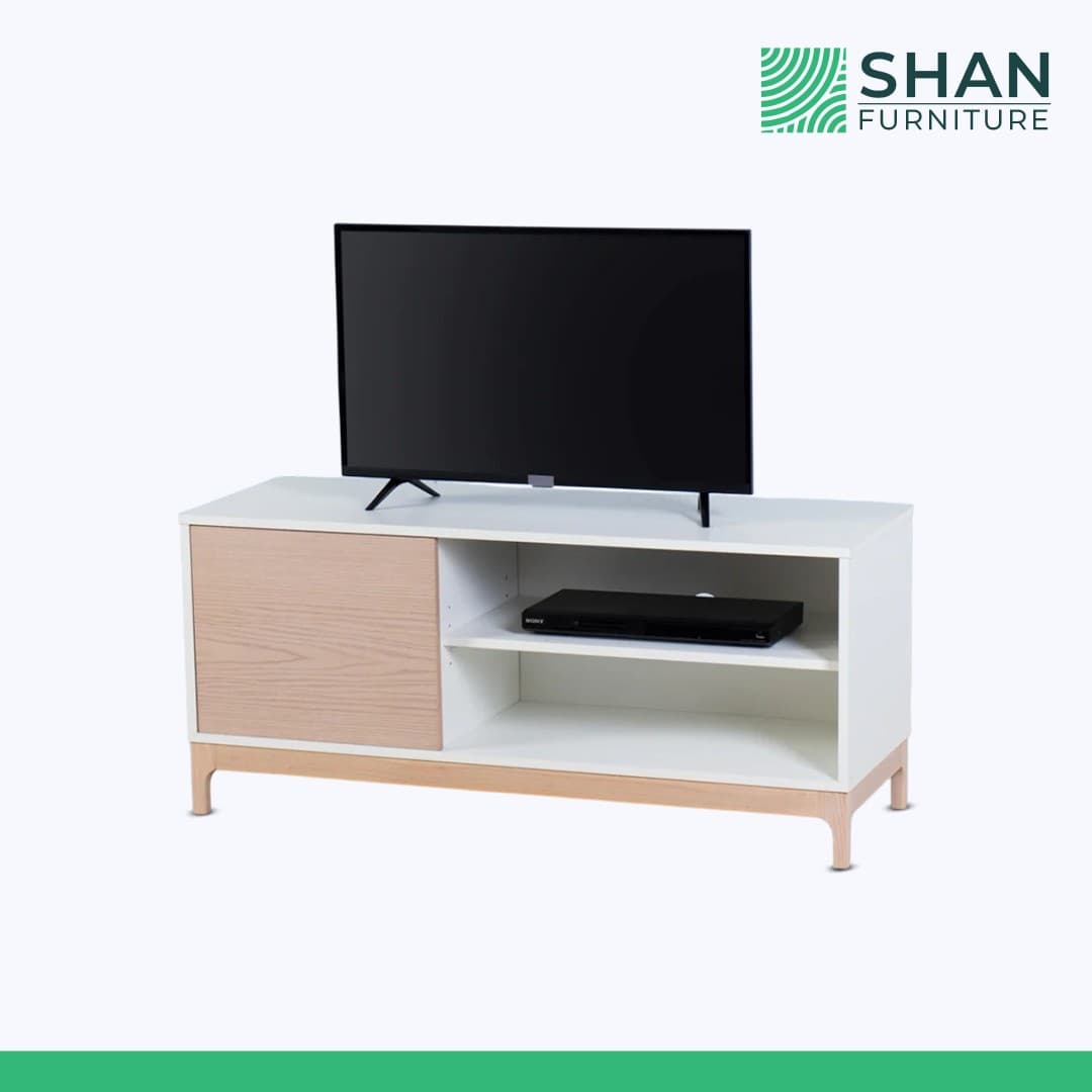 White TV Console with Oak Door