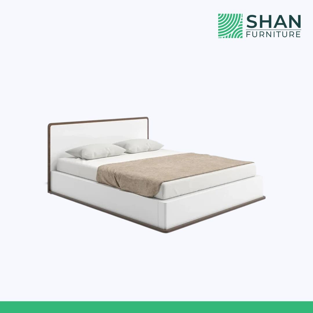 White Upholstered Bed with Walnut Trim