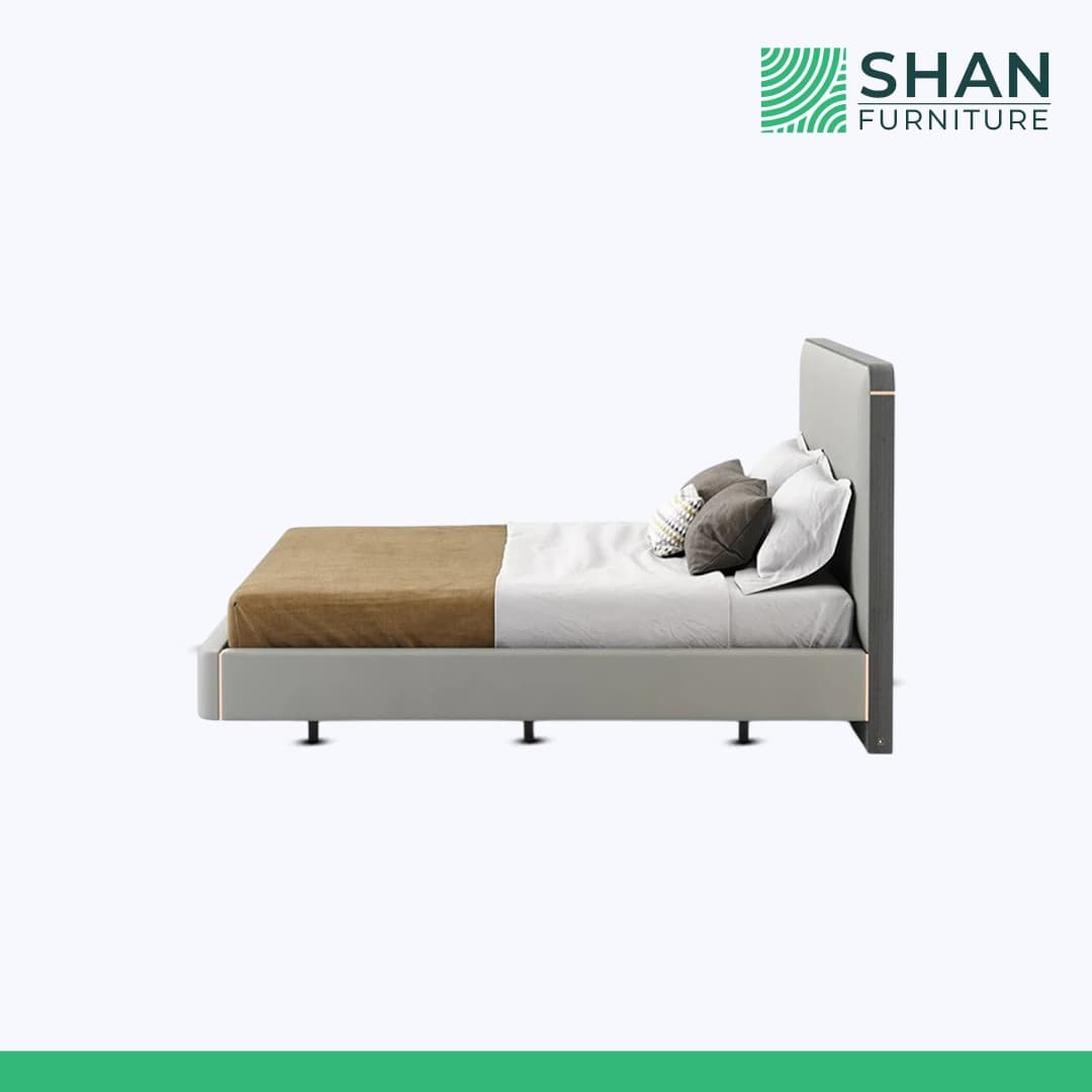 Grey Channel-Tufted Bed with Copper Trim