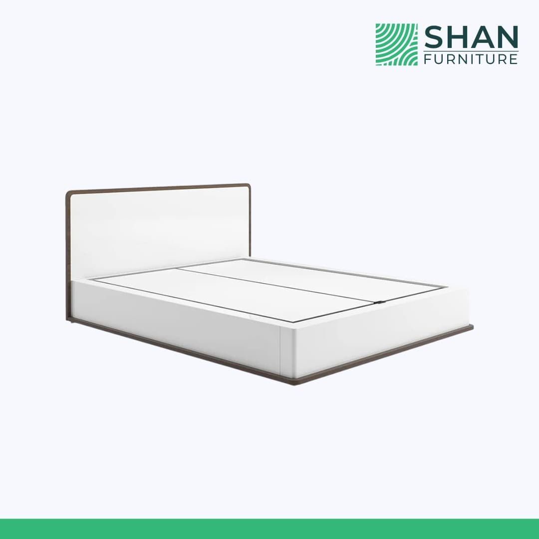 White Upholstered Bed with Walnut Trim