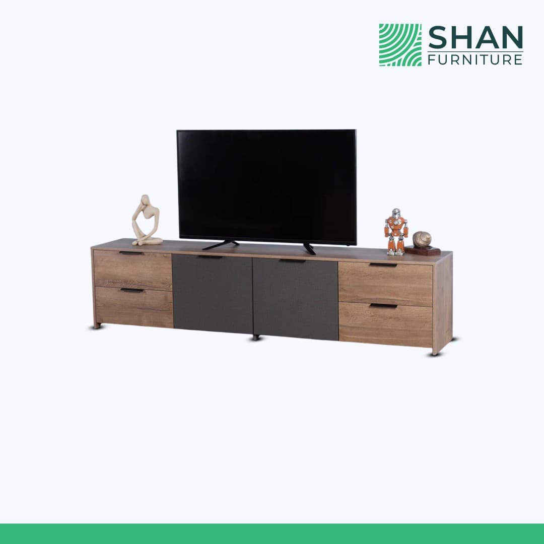 Walnut TV Console with Fabric Doors