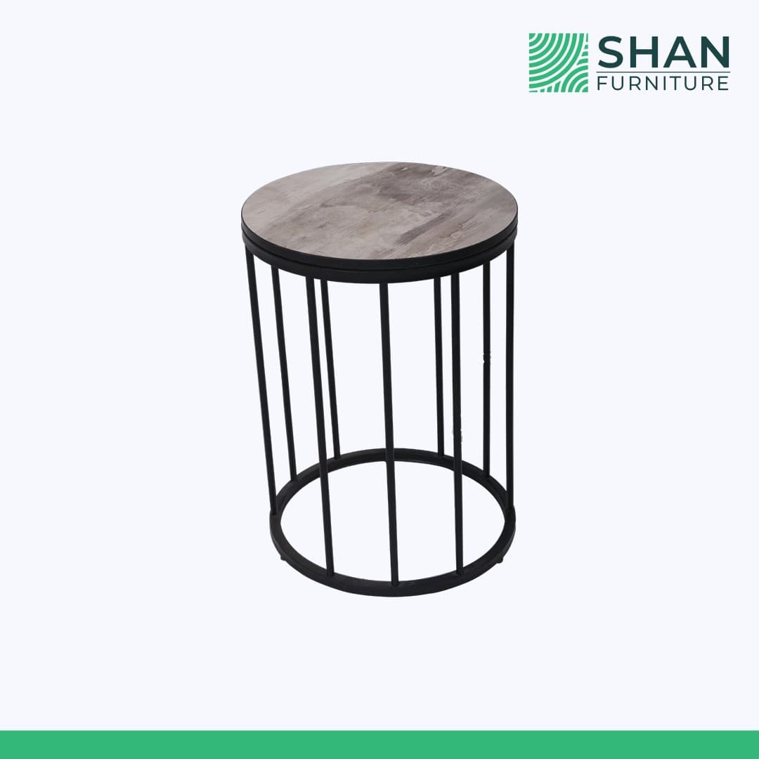 Grey Wood-Look Round Table with Black Cage Base