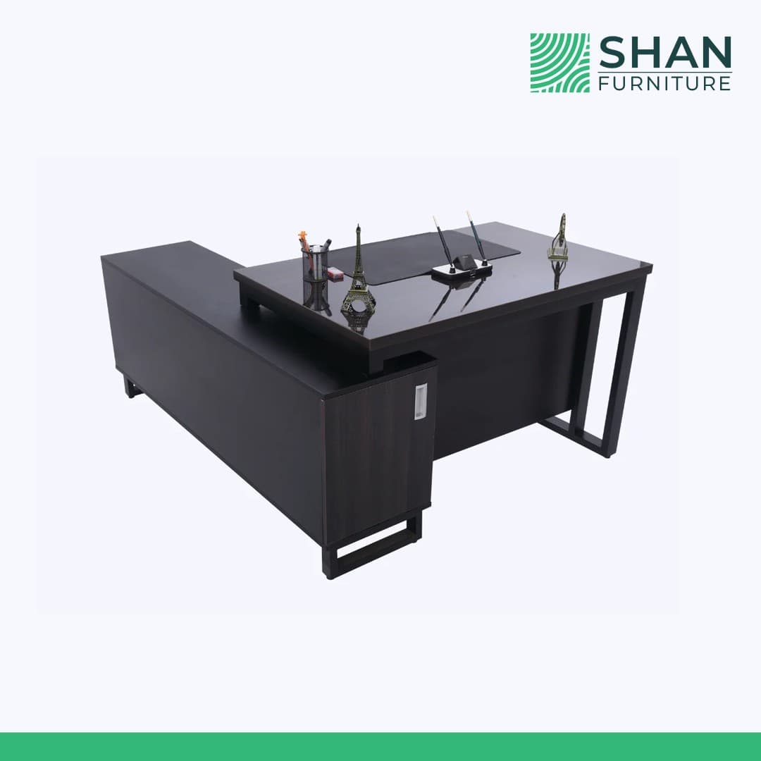 L-Shaped Manager Desk with Espresso Cabinet