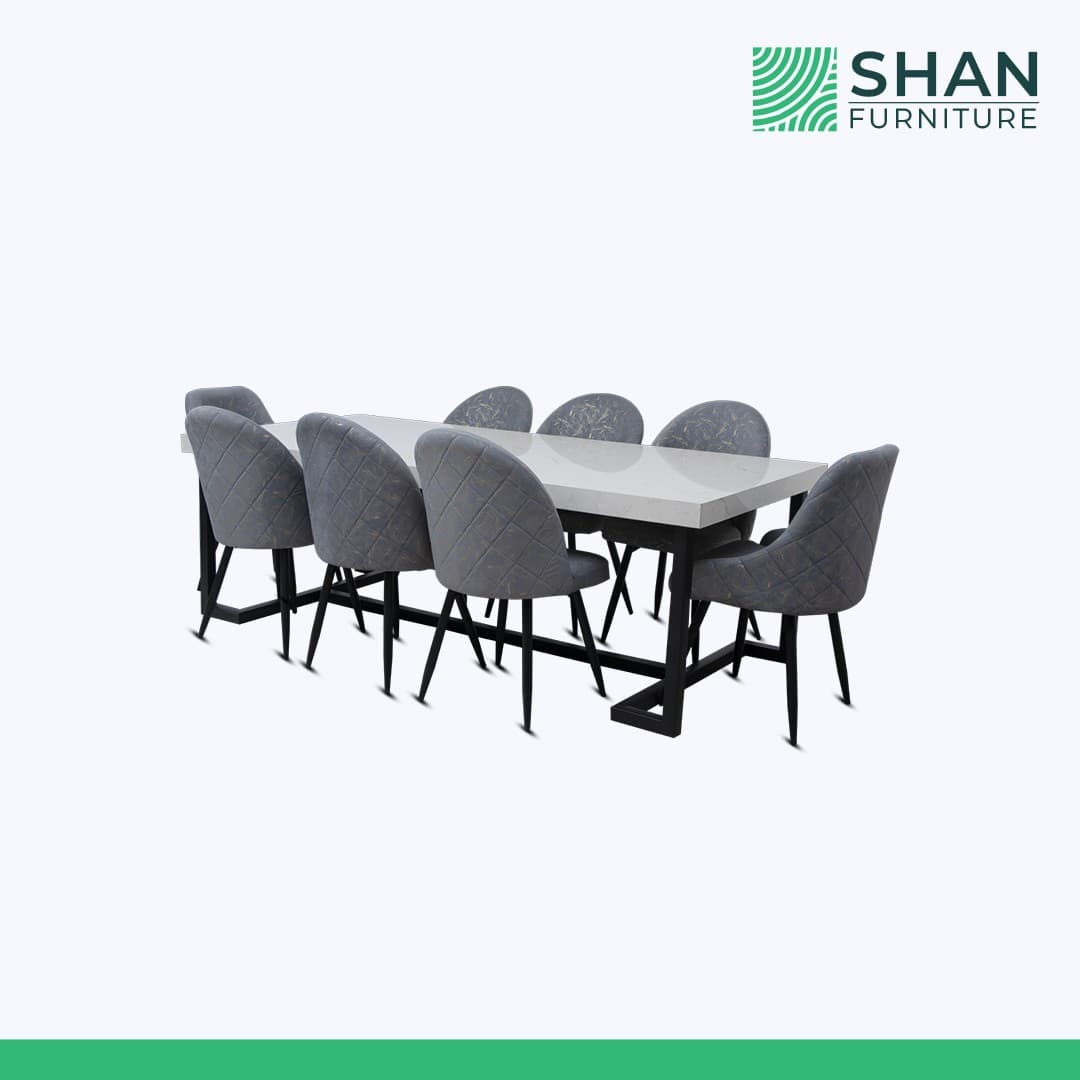 8-Seater Marble-Look Dining Table with Grey Chairs