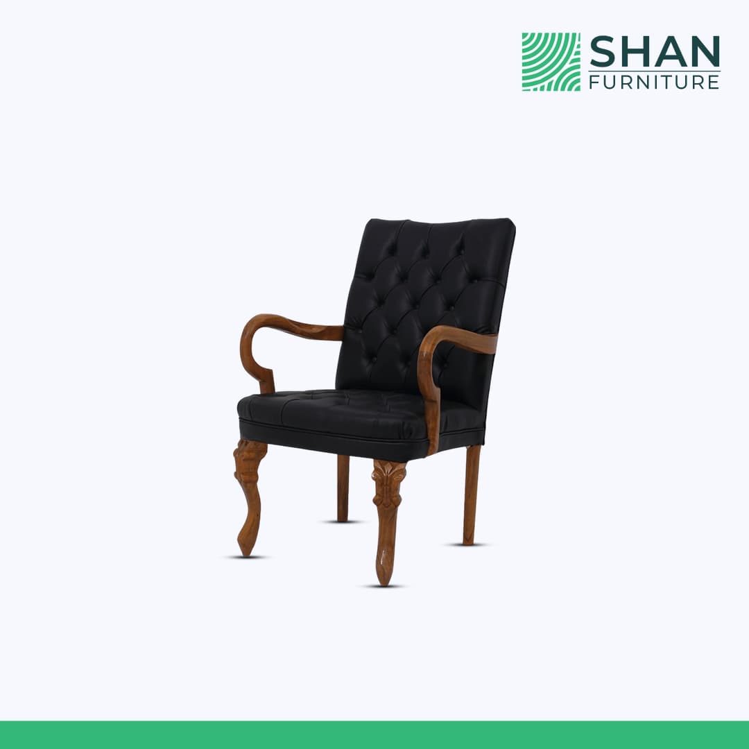 Black Leather Wood-Frame Armchair