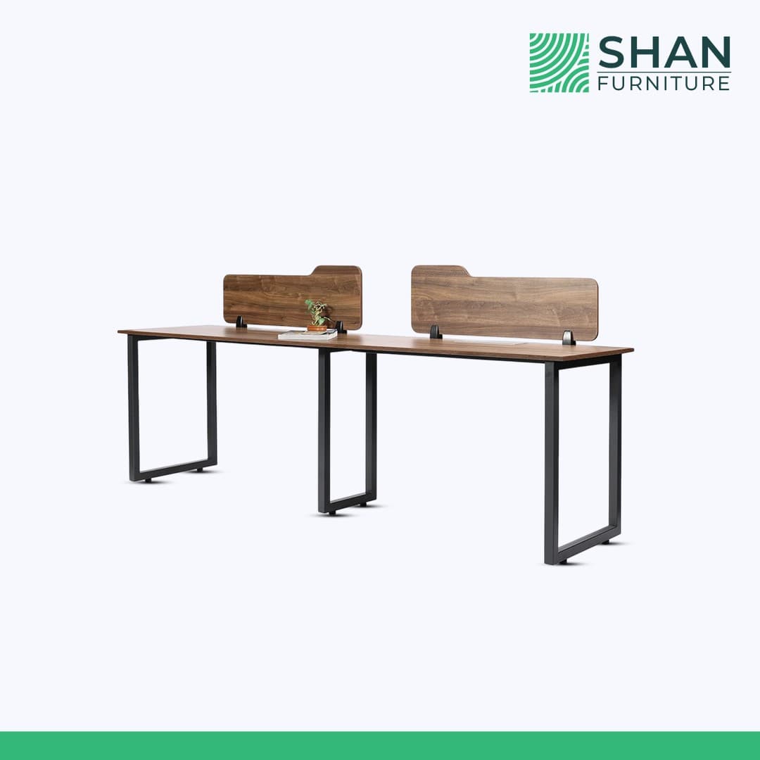 2-Seat Walnut Bench Desk with Wood Privacy Screens